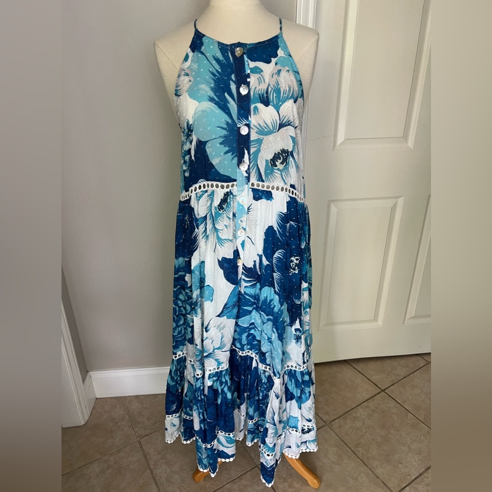 Farm Rio Blue White Floral Midi Dress